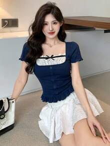 DAZY Women Casual Contrast Bowknot Short Sleeve T-Shirt, Cute Top,Back To School Clothes - Blue - View 3