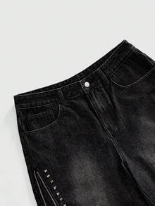 ROMWE MEN Quần short jeans nam dáng suông, ống đứng, lửng, đã qua xử lý giặt và đính đinh tán. - màu đen - Xem 3