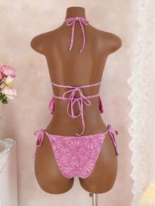 Bonvoyette Summer Vacation Sexy Backless Ruffle Beaded Halter Neck Padded Triangle Top And Bottoms Tankini Set - Multicolor - View 3