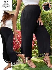SHEIN Maternity Casual Fringe Hem Pants - Black - View 4
