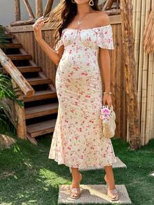 SHEIN Vestido casual de vacaciones con estampado floral y drapeado para maternidad - Amarillo - Ver 3