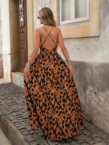 Brillora 女士性感豹纹深V领交叉露背连衣裙，适合海滩度假 - 鏽棕色 - 查看 2