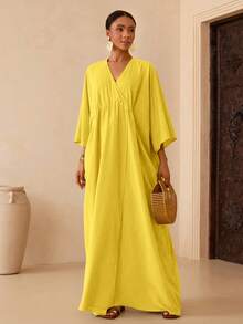 Vesra Women's Solid Color Batwing Sleeve Casual Dress - Yellow - View 5