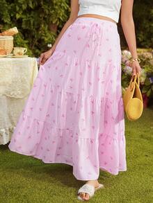 SHEIN Maternity Striped Bow Print Pleated Casual Versatile Daily Wear Skirt - Pink - View 6