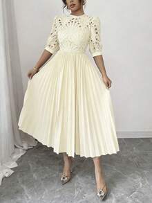 Rafferiza Đầm midi nữ màu trơn cổ đứng xếp ly eo thon, thích hợp cho hẹn hò và tiệc tùng. - Màu be - Xem 4