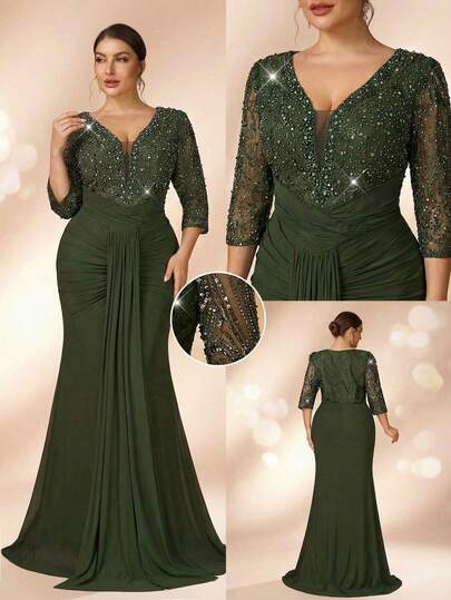 Serin Plus Size Elegant Romantic Green V-Neck Sheer 3/4 Sleeve Luxury Beaded Mesh Splice Elastic Waist Ruched Mermaid Hem Dress, Suitable For Wedding, Party, Formal Occasion, Mother Of The Bride Gown