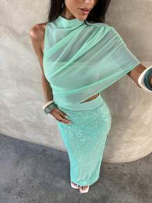 Aloruh 女士浪漫马卡龙蓝亮片迷你裙和薄纱上衣两件套，优雅度假装，适合音乐节、日常约会 - 淺藍色 - 查看 6