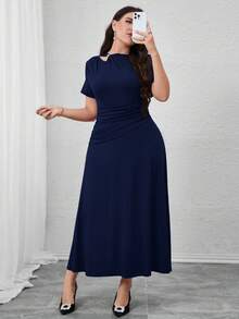 Modelyn Plus Size Women Solid Color Hollow Out Design Short Sleeve Ruffle Elegant Dress - Navy Blue - View 4