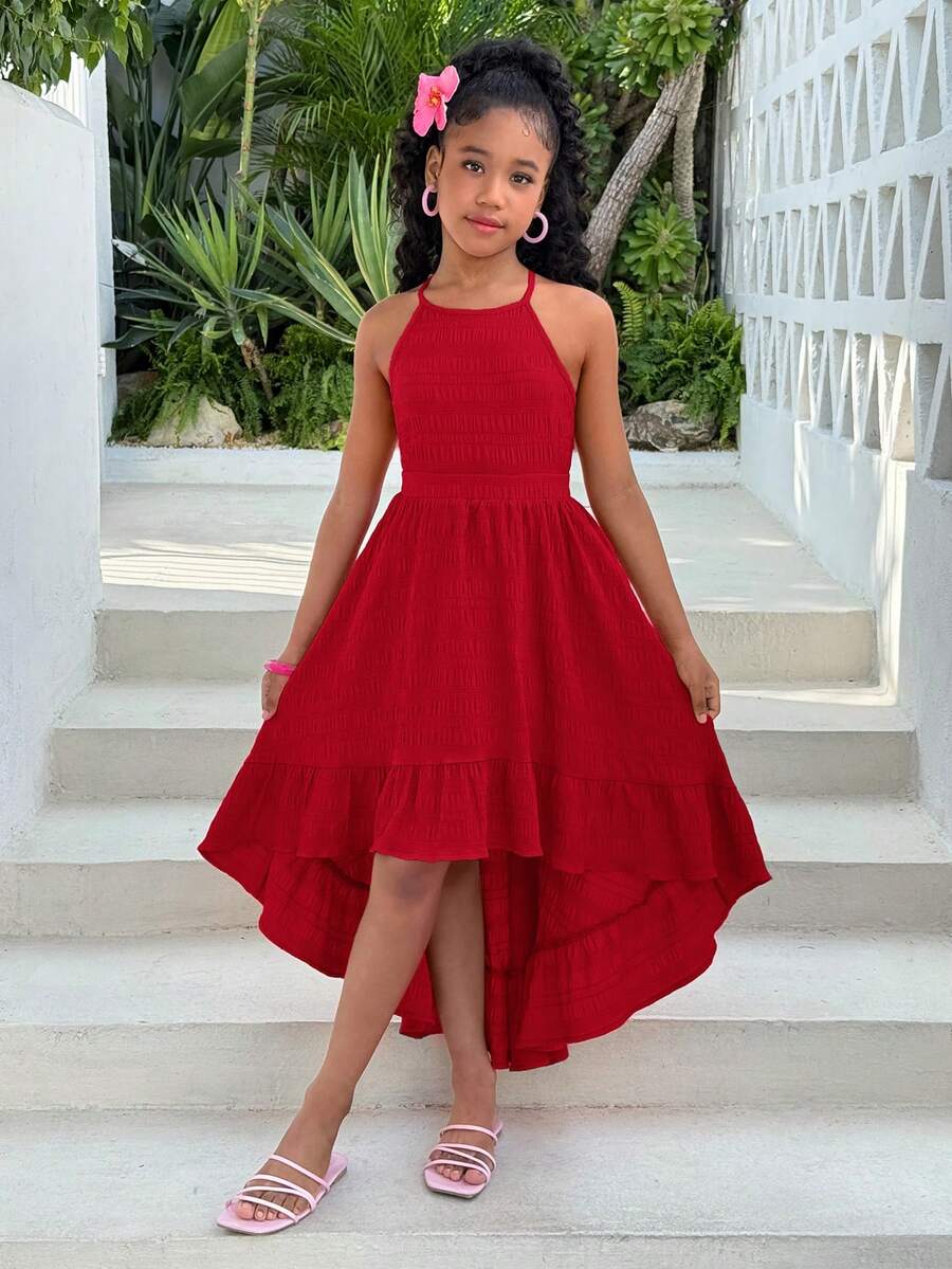 Tween Girl Solid Color Halter Hem Curved Waist Dress, Vacation - Red - View 1