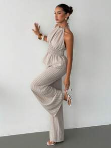 Siren Gaze Women's Light Beige Striped Halter Two Piece Set,Smocked Peplum Top & High Waist Wide Leg Pocketed Pants,Linen Summer Elegant Vacation Co-Ord - Apricot - View 9
