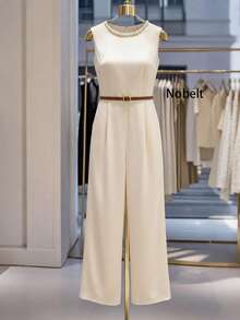 Breezaya French Elegant Beaded Sleeveless Jumpsuit Paired With Layered Wide-Leg Pants For Women - Black - View 3