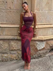 Aloruh 女士夏季新款紫色优雅性感度假浪漫约会时尚外出印花镂空露背吊带连衣裙 女士假日套装 Y2K 游艇派对连衣裙 - 紫色 - 查看 9