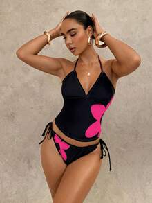 Swim Glamine 女士印花露背系带吊带背心式上衣和三角吊带式泳裤套装，度假沙滩新款女士泳装泳衣套装，女士沙滩泳装，女士聚拢泳衣，女士塑形泳衣 - 粉色 - 查看 5