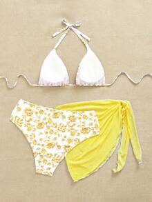 SHEIN Swim Mod 大码女式三件套随机印花吊带比基尼泳衣 - 薑色 - 查看 2