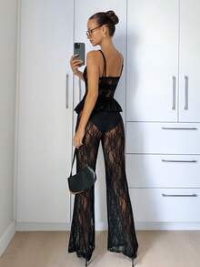 Siren Gaze Women's Contrast Lace Ruffle Hem Camisole And Pants 2 Pieces Set - Black - View 2
