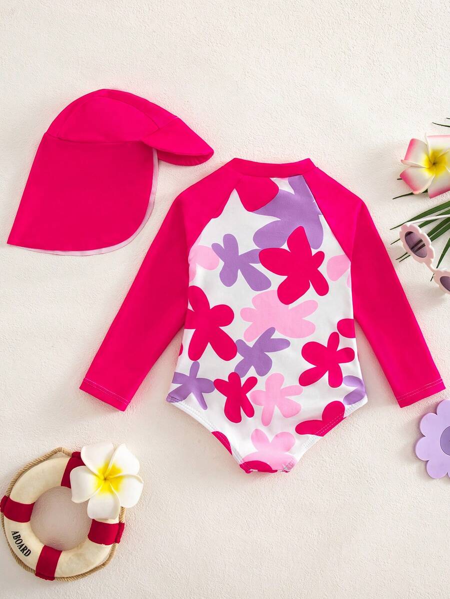 SHEIN Bộ 2 món đồ bơi dài tay chống nắng phối màu họa tiết hoa cho bé gái, kèm mũ. - Màu Hồng Tươi - Xem 1