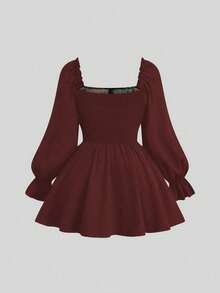 Sweetra Plus Size Dark Style Square Collar Jacquard Waist A-Line Shirt - Burgundy - View 2