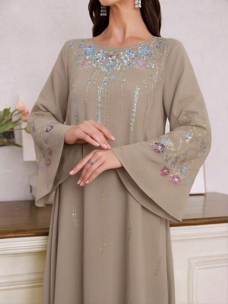 Al Najma Áo choàng thêu thanh lịch dành cho nữ nhân dịp Eid - Cà phê nâu - Xem 1