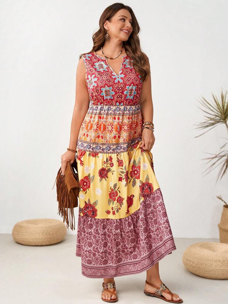 Plus Size Boho Floral Print V Neck Sleeveless Maxi Dress Women's Tiered Patchwork Long Dress For Summer Resort Wear Summer Outfit For Plus Size Women Festival Outfits For Plus Size Women Beach Outfits For Plus Size Women Vacation Outfits Plus Size Women Country Concert Outfit Boho Outfit