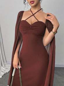 Modelyn Heavily Pleated Sexy Fitted Waist Flared Hem Dress For Women - Coffee - View 3