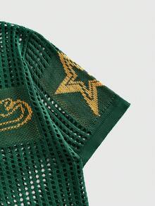 ROMWE MEN Street Life Áo nam mùa hè thời trang đường phố, họa tiết chữ cái và ngôi sao, chất liệu jacquard khoét rỗng, hơi xuyên thấu. - Màu xanh lá cây đậm - Xem 4