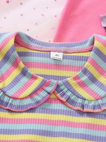 Genkimix Kids 3件装女童荷叶边领短袖T恤，彩色条纹/浅紫色/粉色纯色三种可选，荷叶边领设计甜美吸睛，适合日常休闲、春夏郊游、露营、度假、返校等场合。 - 彩色 - 查看 5