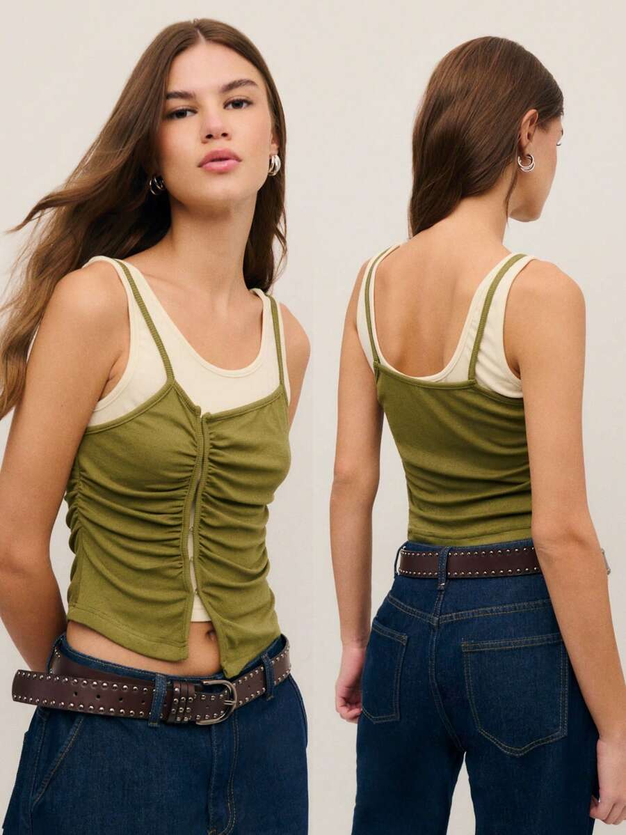 Nöista Women's Y2K Contrast Color Ruched Sleeveless Fitted Crop Top - Green - View 1