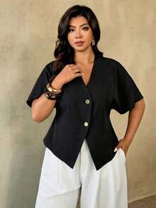 Auralis Plus Size Summer Casual Solid Color Batwing Sleeve Shirt - Black - View 6