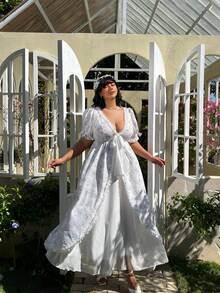 Lyrianda 春夏秋新款蝴蝶结度假甜美优雅碎花拼接雪纺荷叶边V领泡泡袖不规则下摆收腰显瘦喇叭公主裙 - 彩色 - 查看 8