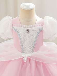 SHEIN Glamorique Kids 女婴公主薄纱连衣裙，粉色网纱连衣裙，泡泡袖，生日派对，婚礼节日正式礼服，珠宝装饰，四季皆宜，优雅正式礼服 - 淺粉色 - 查看 4