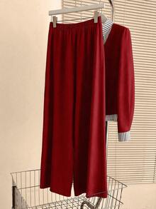 Resyla Women's New Striped Shirt & Wide Leg Pants 2 Pieces Set, Autumn/Winter Outfit - Red - View 5