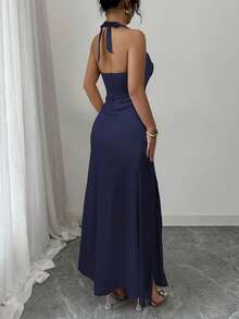 Rafferiza Elegant Champagne Color Bodycon Camisole Elastic Satin Thigh High Slit Dress - Navy Blue - View 2