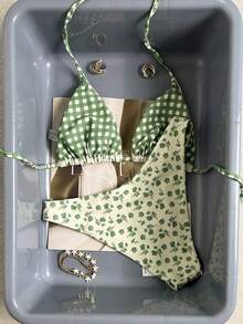 Swim Mod Bộ bikini hai mảnh mùa hè mới về dành cho nữ, họa tiết hoa và kẻ caro, kiểu dáng tam giác buộc dây cổ, thích hợp cho kỳ nghỉ biển. - Nhiều màu - Xem 2