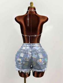 Quần short denim nữ thời trang rách dáng ôm, đa năng cho mùa hè. - Màu xanh lam - Xem 2