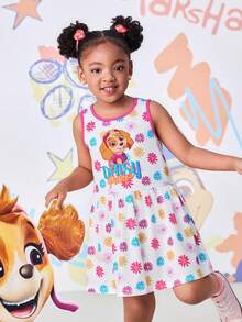 SHEIN | PAW Patrol 女童雏菊印花荷叶边无袖连衣裙 - 粉色 - 查看 1