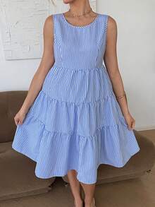 SHEIN Maternity Summer Casual Vacation Striped Print Sleeveless Tiered Hem Dress, Suitable For Daily Commute Blue And White Striped Dress Maternity Summer Dress Pregnant Outfits Summer Summer Casual Dress Nursing Dress Tie Back Dress Tiered Mini Dress Vacation Dress - Blue and White - View 13