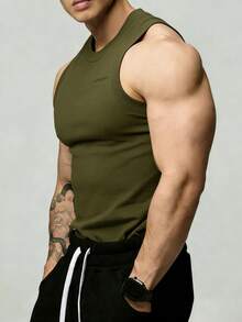 GymBeat Men's Solid Color Round Neck Casual Versatile Daily Wear & Sports Tank Top, Gym - Army Green - View 3