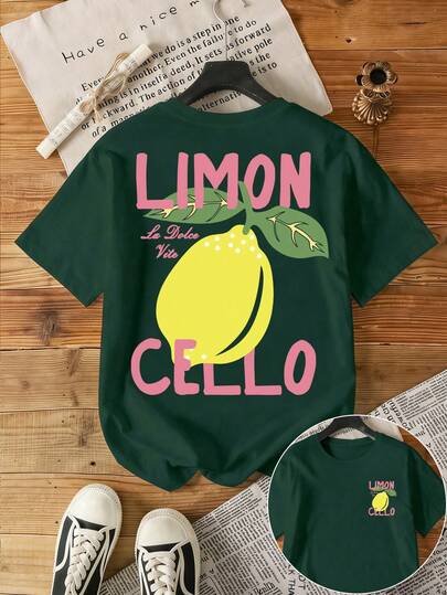 Áo thun nữ tay ngắn cổ tròn in chữ và chanh, kiểu dáng thường ngày, đa năng.