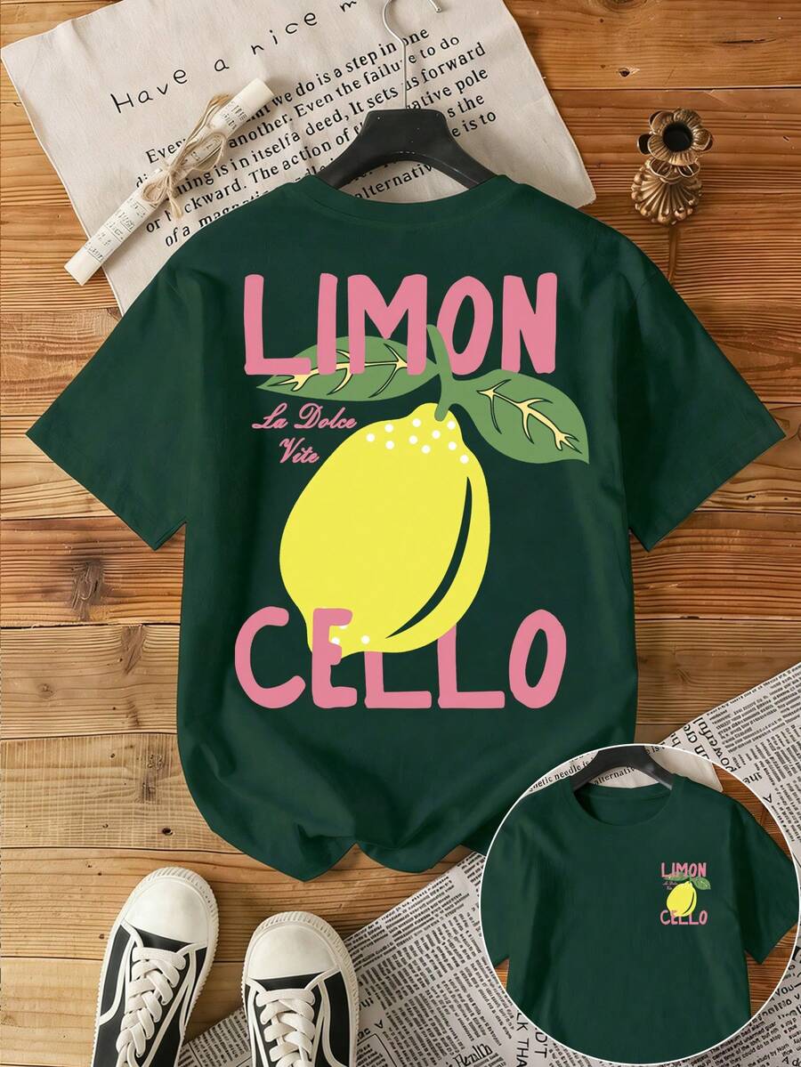 女士圆领字母柠檬印花休闲百搭日常短袖T恤 - 軍綠色 - 查看 1