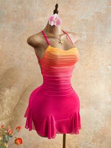 Mistrie New Sexy Slim Fit Backless Strapless Gradient Suspender Dress - Hot Pink - View 6