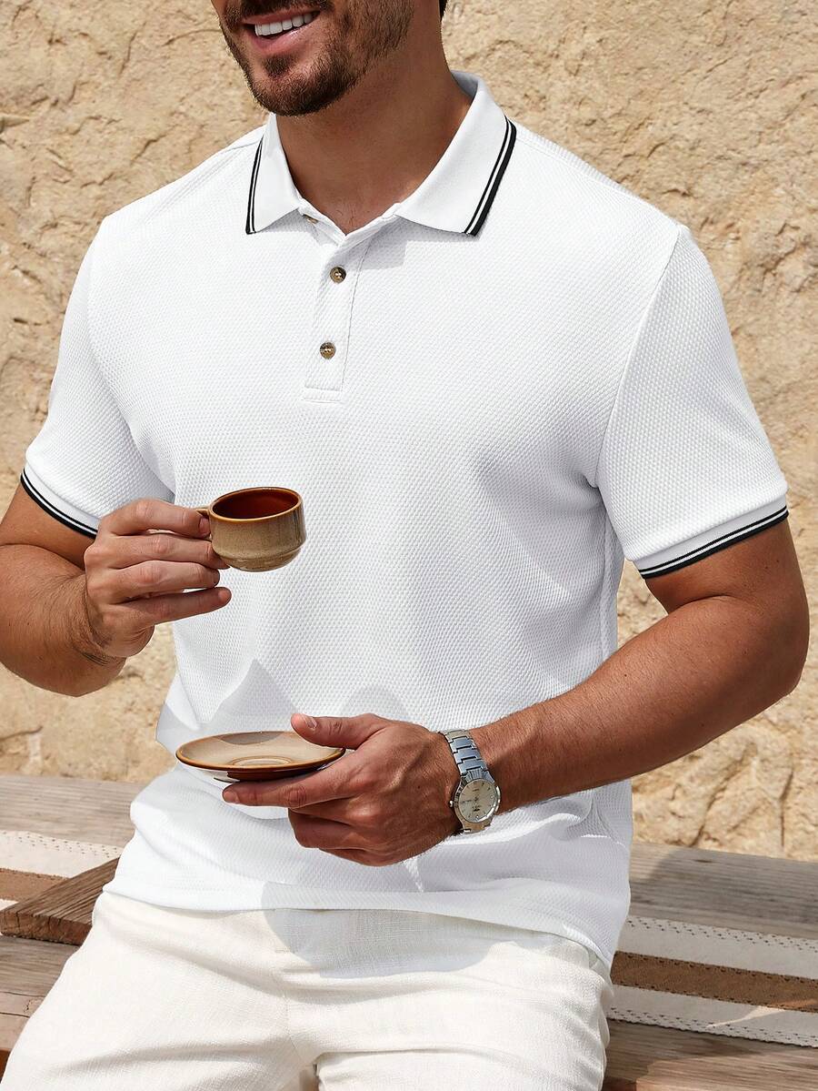 Manfinity Homme 男士条纹短袖休闲通勤 Polo 衫 - 白色 - 查看 1
