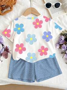 2 Stücke/Set Mädchen Farbiges Blume Muster Kurzarm T-Shirt + Blume Muster Shorts für 4-7 Jahre, leicht atmungsaktiv Lässig Outfit, geeignet für Frühling/Sommer Alltagstragen - Verschiedenfarbig - Übersicht 2