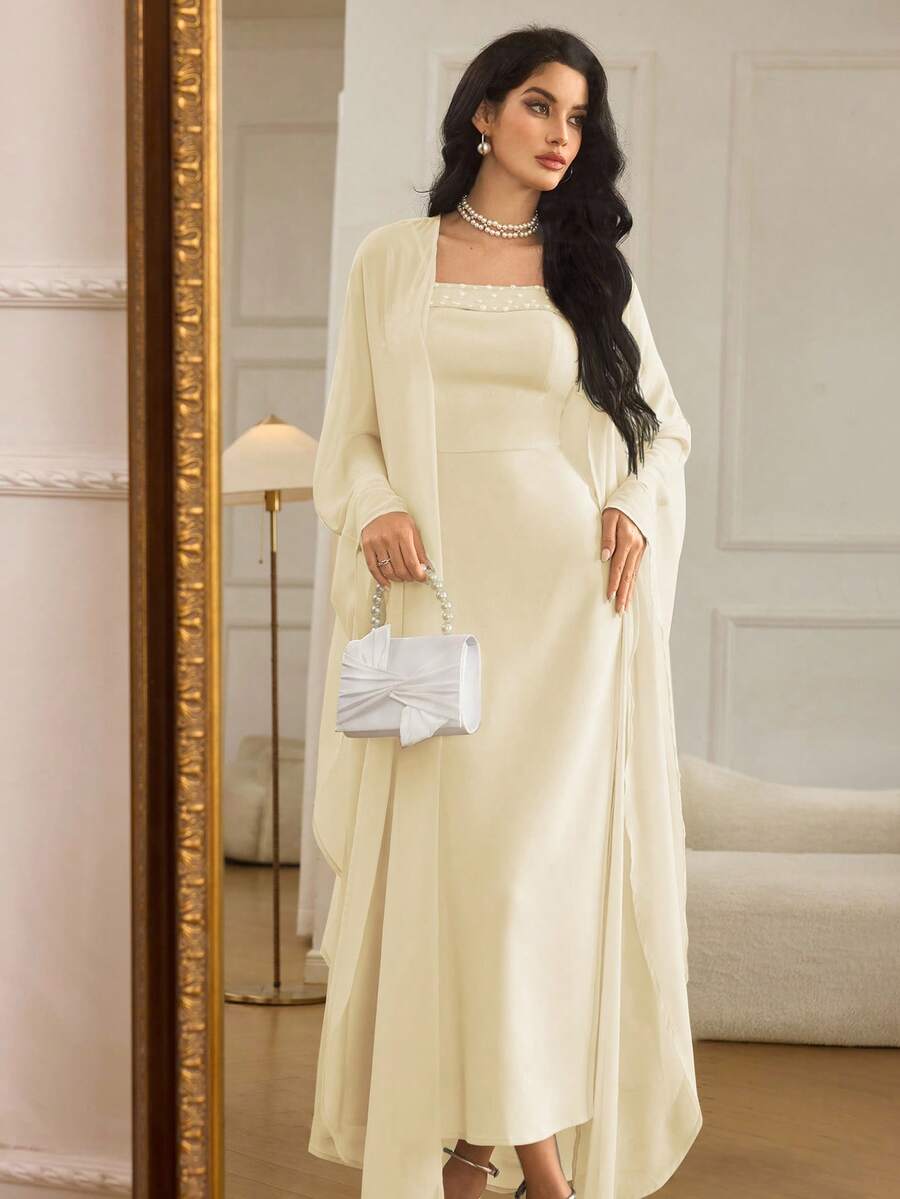 Modelyn Women's Fitted Pearl Spaghetti Strap Maxi Dress With Shawl, 2 Pieces Set - Apricot - View 1