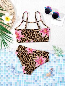 SHEIN Bộ đồ bơi họa tiết hoa nhiệt đới và da báo, gồm áo hai dây và quần bơi, kiểu dáng ôm sát thoải mái dành cho bé gái, thích hợp cho mùa hè. - Nhiều màu - Xem 2