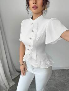 Selianne 女士优雅纯色荷叶边下摆衬衫，夏季 - 白色 - 查看 4