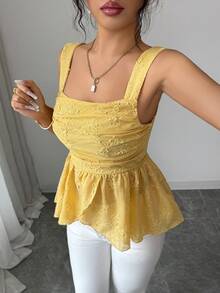 Elenzga 无袖方领收腰A字下摆优雅浪漫精致女士背心 - 黃色 - 查看 5