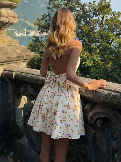 SHEIN MOD Women's Floral Print Backless Twist Ruched Cami Mini Dress,Graduation Dress,Summer,Vacation Outfits, Retro, Vintage,Country Outfits, Going Out,Teacher Outfits For Women,Date, Picnic, Party, Prom, Festival,Birthday Wear, Cottagecore Dress,Tea Party Dress,Milkmaid Dress,French Style Dress, ,Summer Dress,Spring Dresses For Women,Floral Dress,Yellow Dress