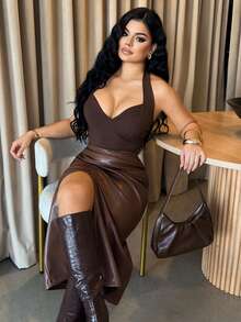 Dayanna Comas Women's Solid Color Minimalist Halter Neck Camisole, Everyday Wear - Coffee Brown - View 4