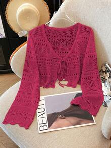 Franclia New Solid Color Hollow Crochet Lace Lightweight Cardigan, Versatile Outerwear For Women - Hot Pink - View 4