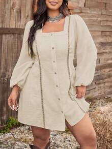 Ceyna Plus Size Square Neck Front Button Woven Tape Patchwork Long Sleeve Dress - Apricot - View 4
